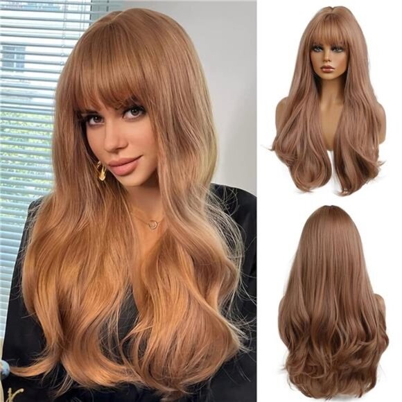 24 Inches Strawberry Blonde Long Wavy Wig with Bangs - Picture 1 of 6